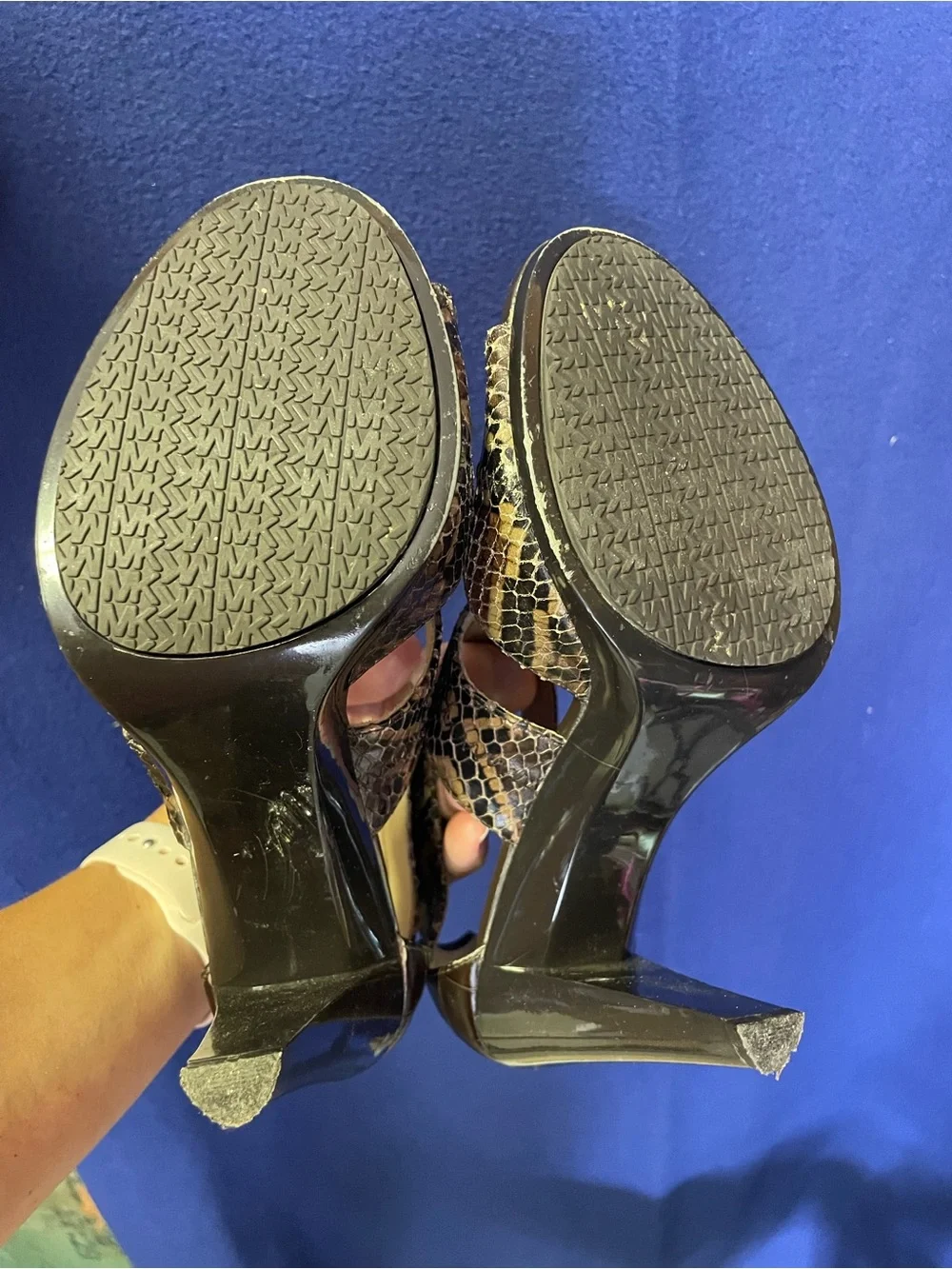 Michael Kors Brown Snake-Print T-Strap Heels with Front Zipper